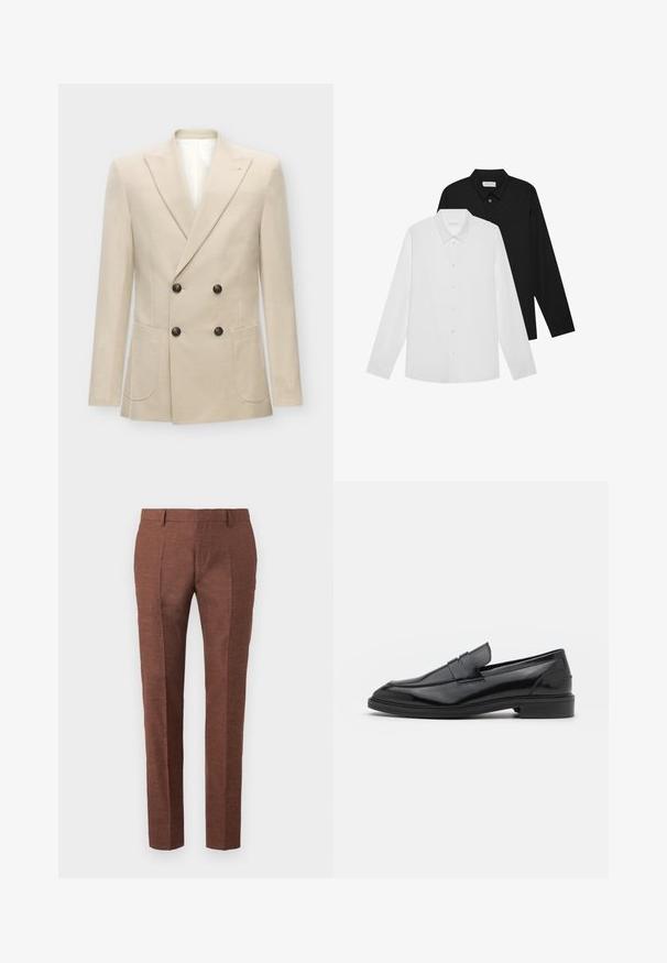 Beige dupla gombos blézer vászonkeverék anyagból készült. Két elülső zsebbel és fekete gombokkal rendelkezik. Tiszta, strukturált kialakítás éles hajtókákkal.; Fehér és fekete hosszú ujjú ingek hegyes gallérral, elöl gombokkal és sima anyagtextúrával. Címkék láthatók a nyak belső oldalán.; Barna vászon nadrág textúrázott felülettel, slim fit fazonnal, varrott elülső redőkkel és két oldalsó zsebbel rendelkezik.; Fekete bőrcipók sima felülettel, kerek orral és keskeny sávval a felsőrészen. Alacsony, rétegelt sarkú.