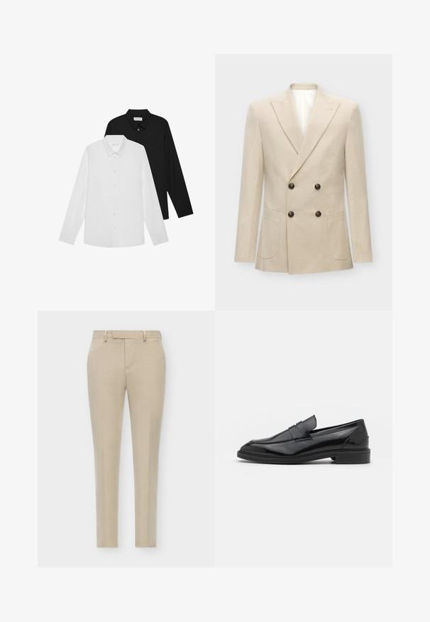Blazer beige à double boutonnage en tissu mélange de lin. Il dispose de deux poches avant et de boutons noirs. Design épuré et structuré avec des revers marqués.; Chemises à manches longues blanches et noires avec des cols pointus, des boutons à l'avant et une texture de tissu lisse. Étiquettes visibles à l'intérieur du col.; Pantalons beiges ajustés avec une coupe slim, présentant un devant plat, des poches latérales discrètes et un tissu lisse et texturé.; Mocassins en cuir noir avec une finition lisse, dotés d'un bout arrondi et d'une bande étroite sur le dessus. Talon bas empilé.