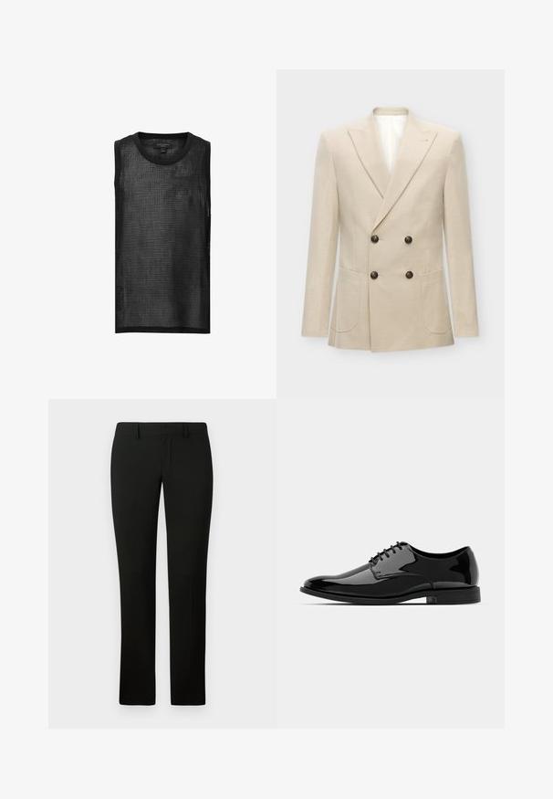 Beżowa marynarka dwurzędowa wykonana z tkaniny zbliżonej do lnu. Posiada dwie przednie kieszenie i czarne guziki. Czysty, ustrukturyzowany design z ostrymi klapami.; Czarna bezrękawnikowa siatkowa koszulka z wzorem w kratę, okrągłym dekoltem i surowymi krawędziami. Lekki i przewiewny materiał w luźnym fasonie.; Czarne spodnie o dopasowanym kroju, z gładką fakturą i prostymi nogawkami. Pas wyposażony jest w szlufki na pasek i ma estetyczne wykończenie.; Czarne, lakierowane buty wizytowe ze zaokrąglonym noskiem, sznurowane, o gładkiej, błyszczącej powierzchni. Posiadają niski, gumowy obcas.