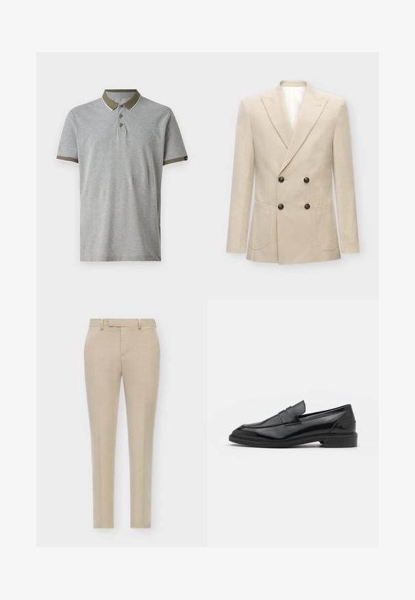 Bežinis dvigubos eigos švarkas, pagamintas iš lino mišinio. Yra dvi priekines kišenes ir juodi mygtukai. Švarus, struktūrizuotas dizainas su aštriais apykaklės kraštais.; Šviesiai pilkas polo marškinėlis su žaliu apykakle ir rankovių apdaila. Yra trys mygtukai ir baltos akcentų siūlės. Pagamintas iš švelnios, tekstūruotos medžiagos.; Smėlio spalvos pritaikyti kelnių su siauru siluetu, su plokščiu priekiu, diskretiškomis šoninėmis kišenėmis ir lygiu, tekstūruotu audiniu.; Juodos odinės loafers batai su lygiu paviršiumi, turintys apvalią noselę ir siaurą juostelę per viršų. Žemas sluoksnis kulnas.