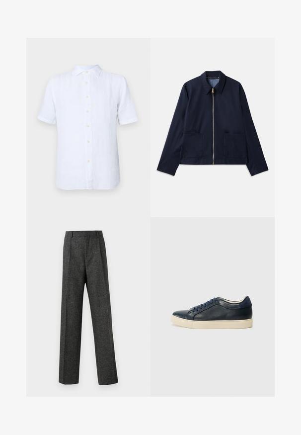 Mornarsko modra jakna z zadrgo, koničastim ovratnikom in dvema sprednjima žepoma. Gladka tkanina z krojenjem, ki sega do pasu. Zlati dodatki.; Bela kratka majica s kratkimi rokavi, izdelana iz lana, z gumbom od zgoraj navzdol, mehko teksturo in subtilnim leskom. Gumbi so svetlo rumeni.; Sive krojene hlače iz teksturirane tkanine, ki imajo dva sprednja nabora in ravno kroj. Brez vidnih žepov ali okrasnih elementov.; Morske modre usnjene superge s kremasto gumijasto podlogo, opremljene z modrimi vezalkami in gladko teksturo. Zaokrožena kapica in minimalističen dizajn.