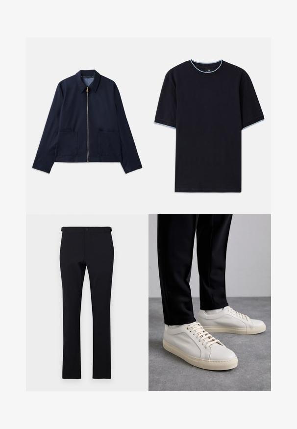 Morska plava jakna sa zatvaranjem na patentni zatvarač, oštrim ovratnikom i dva prednja džepa. Glatka tkanina s krojenim, skraćenim dizajnom. Zlato hardverski detalji.; Tamno plava kratka majica s kapućinom, s okruglim izrezom, s svijetloplavim detaljima na ovratniku i rukavima. Izrađena od mekog pamučnog materijala.; Crne hlače ravnog kroja izrađene od glatkog materijala. Imaju petlje za remen, zakopčavanje na dugme, te nemaju vidljive uzorke ili akcentne detalje.; Svijetlosmeđi kožni tenisice s ravnim vezicama, teksturiranom površinom i kontrastnom kremasto bijelom gumom potplatom, uparene s crnim suženim hlačama.