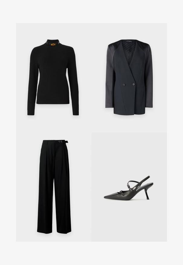 Juodas dublis su dviem mygtukais, turintis struktūrizuotą siluetą, satino peties akcentus ir tekstūruotą vidinį pamušalą. Lygus audinys su tvarkingomis linijomis.; Juodas raukšlėtas megztinis ilgomis rankovėmis, aukštu kaklu ir kontrastinga juoda apykakle su aukso spalvos akcentu.; Juodos plačios kojų kelnės su aukštu liemeniu, priekinėmis klostėmis ir diržu su sagtimi. Pagamintos iš lygaus, lengvo audinio.; Juodi odiniai slingback kulniukai su smailiu pirštu, siauru kulnu ir dekoratyvine sagtimi viršuje. Lygus paviršius ir elegantiškas dizainas.