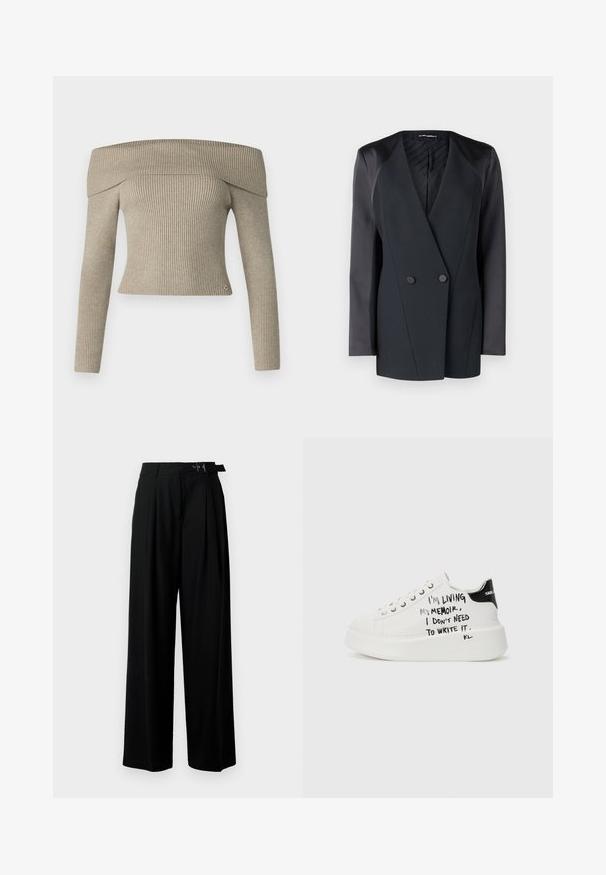 Blazer duplo em preto com uma silhueta estruturada, detalhes em cetim nos ombros e um forro texturizado. Tecido suave com linhas limpas.; Top de malha canelada beige, com os ombros à mostra, mangas longas e design ajustado. Apresenta um pequeno logótipo na barra.; Calças largas pretas de cintura alta, com pregas à frente e um cinto com fivela. Feitas de um tecido liso e leve.; Sapatilhas plataforma brancas com detalhes pretos, apresentando uma sola texturizada e texto manuscrito nas laterais. Material de couro suave.
