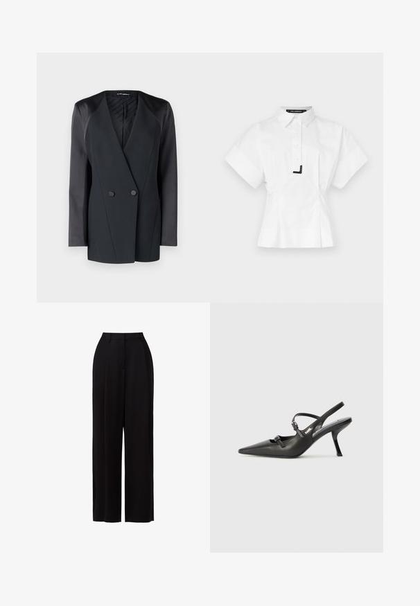 Mustmust valge jope, millel on struktureeritud siluett, satiinist õlavarre aktsendid ja tekstureeritud vooder. Sile kangas, millel on puhtad jooned.; Valge lühikeste varrukatega särk, millel on kraega kaelus, ees on nupulukustus ja krael on must aksentdetail. Kohandatud istuvus.; Mustad lai püksid kergetest kangast, kõrge vöökoht, esipleatsid ning minimalistisch disain ilma nähtavate taskute või riistade.; Must musta slingback kontsad, terava nina, peenike konts ja dekoratiivne pandla detail peal. Sile tekstuur ja stiilne disain.
