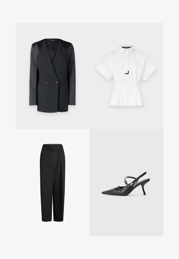 Sort dobbeltradet blazer med en struktureret silhuet, satin skulderdetaljer og en tekstureret indvendig foring. Glat stof med rene linjer.; Hvid kortærmet skjorte med krave, der har en frontknaplukning og en sort detalje ved kraven. Skræddersyet pasform.; Sorte bæltebukser med fine striber og vidde ben, der har en cropped længde og en foldet talje, der giver et skræddersyet udseende. Blødt stof.; Sorte læder slingback hæle med spids tå, slank hæl og dekorativ spænde detalje på vampen. Glat tekstur og strømlinet design.