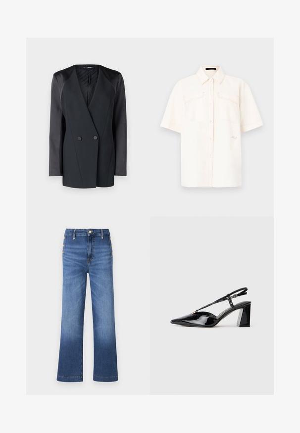 Black double-breasted blazer with a structured silhouette, satin shoulder accents, and a textured inner lining. Smooth fabric with clean lines.; Short-sleeve, cream-colored shirt made of lightweight fabric, featuring two front pockets, a button-up design, and contrasting stitching.; Wide-leg blue jeans made of denim, featuring a button closure and five buttons on the left side, with a gradual fade on the legs.; Black patent leather slingback high-heeled shoes with a pointed toe, adjustable strap, and chunky rectangular heel.