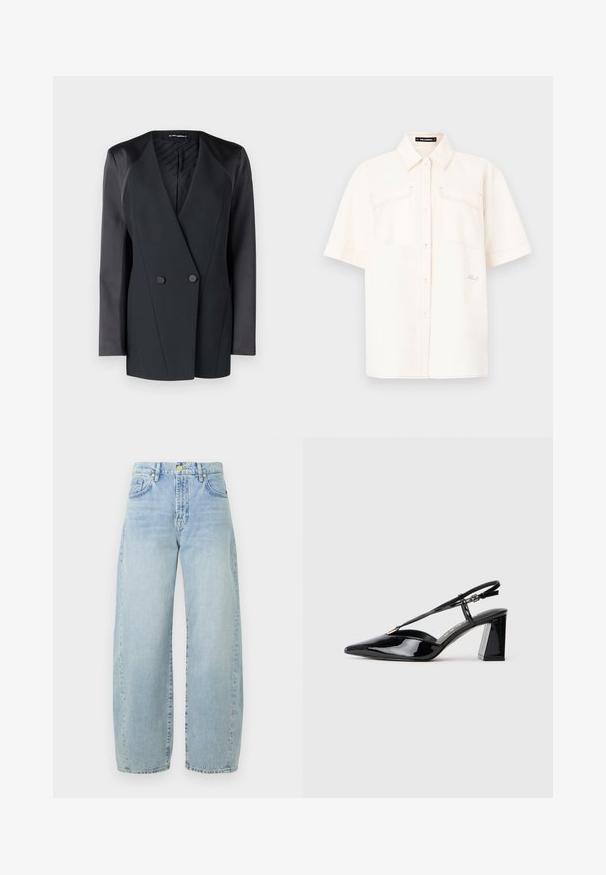 Musta kaksirivinen bleiseri, jossa on tukeva siluetti, satiiniset olkapään korostukset ja teksturoitu vuori. Sileä kangas ja puhtaat linjat.; Lyhythihainen, vaalea paita, joka on valmistettu kevyestä kankaasta. Siinä on kaksi etutaskua, napitettava muotoilu ja erottuva ompelu.; Vaaleansiniset farkut leveällä lahkeella, joissa on korkea vyötärö, lievää kulumista, viisi taskua ja kultaiset yksityiskohdat. Helma on suora ja viimeistelemätön.; Musta patenttiliimainen slingback-korkokenkä, jossa on terävä kärki, säädettävä hihna ja paksu suorakulmainen korko.