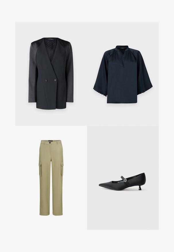 Črni dvoredni blazer s strukturirano silhueto, satenastimi ramenskimi akcenti in teksturirano notranjo podlogo. Gladka tkanina s čistimi linijami.; Temno modra bluza z mehkim satenskim videzom, razpokanimi ovratnicami in širokimi valovitimi rokavi. Ohlapen kroj za udobje.; Khaŋi cargo hlače iz mehkega blaga. Imajo dva stranska žepa in zapiranje na gumb. Model ravnih hlač s krojem po meri.; Črne satenaste čevlje s poudarjenim prstom in nizko peto ter stranskim pasom z okroglo srebrno značko. Gladka tekstura, eleganten dizajn.