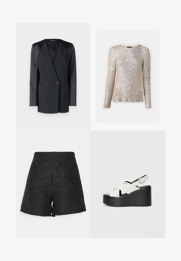 Blazer noir à double boutonnage avec une silhouette structurée, accents satinés aux épaules et doublure intérieure texturée. Tissu lisse aux lignes épurées.; T-shirt à manches longues de couleur champagne, recouvert de sequins avec une texture à côtes. Présente un col rond et une coupe ajustée.; Shorts noirs en maille avec une finition texturée et un subtil éclat. Présentent une taille haute et une coupe A-line structurée.; Sandales à plateforme blanches avec une semelle noire, présentant un design à brides croisées et une boucle réglable à la cheville. Texture lisse, forme moderne.