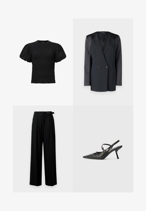 Crni dvostruko kopčani sako sa strukturom, satenskim detaljima na ramenima i teksturiranom unutrašnjosti. Glatka tkanina s urednim linijama.; AllSaints DAEL - Bluza - black; Crne široke hlače s visokim strukom, nabranima sprijeda i remenom s kopčom. Izrađene od glatkog, laganog materijala.; Crne kožne štikle sa otvorenom petom, s uskim vrhom i dekorativnom kopčom na gornjem dijelu. Glatka tekstura i elegantan dizajn.