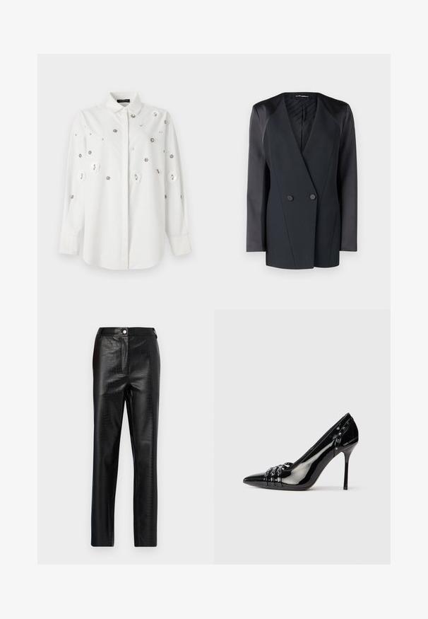 Musta kaksirivinen bleiseri, jossa on tukeva siluetti, satiiniset olkapään korostukset ja teksturoitu vuori. Sileä kangas ja puhtaat linjat.; Valkoinen pitkähihainen paita, jossa on kaulus, ja jossa on kukkakoristeita ja koriste-enkeliä. Sujuva kangas, joka on muotoiltu istuvaksi.; Mustat tekonahkahousut krokotiilikuviolla, slim fit, suoran lahkeen muotoilu, jossa on edessä nappikiinnitys ja tavallinen vyötärö.; Mustan patenttivahan täysikorkea korkokenkä, jossa on terävä kärki, kolme koristeellista nauhaa niiteillä ja "Karl Lagerfeld" -brändäys kannassa.