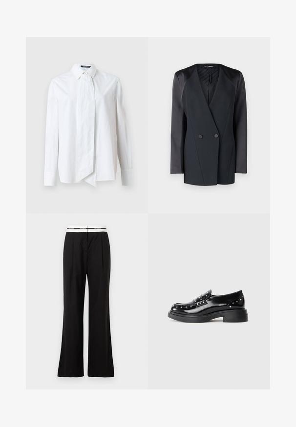Sort dobbeltradet blazer med en struktureret silhuet, satin skulderdetaljer og en tekstureret indvendig foring. Glat stof med rene linjer.; Hvid skjorte med lange ærmer, der har en stor sløjfe ved kraven, lavet af glat stof med en skarp tekstur.; Sorte bukser med en afslappet pasform, der har en hvid elastisk talje med branding. Lavet af glat stof med en let glans.; Sorte patentlæder loafers med dekorative sølvstuds, rund tå, lav blokhæl og glat, skinnende tekstur.
