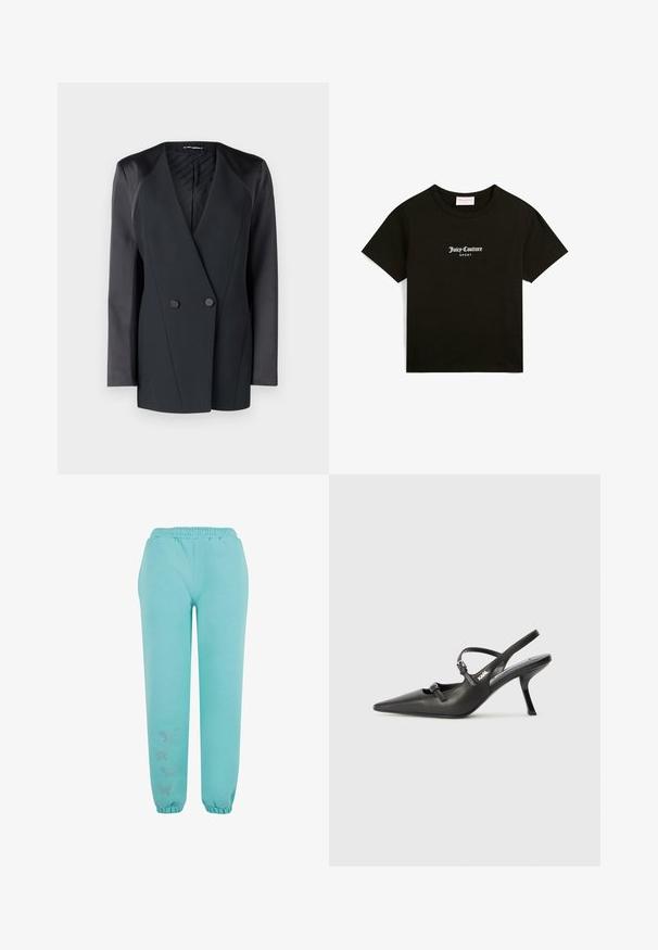 Juodas dublis su dviem mygtukais, turintis struktūrizuotą siluetą, satino peties akcentus ir tekstūruotą vidinį pamušalą. Lygus audinys su tvarkingomis linijomis.; Juodos medvilninės marškinėlių su apvaliu kaklu ir trumpomis rankovėmis, su baltais užrašais "Juicy Couture SPORT" priekinėje dalyje.; Mėlynos jogger tipo kelnės, pagamintos iš minkštos medžiagos, su elastinga juosta, elastingais rankogaliais ir dekoratyvinėmis drugelių detalėmis.; Juodi odiniai slingback kulniukai su smailiu pirštu, siauru kulnu ir dekoratyvine sagtimi viršuje. Lygus paviršius ir elegantiškas dizainas.