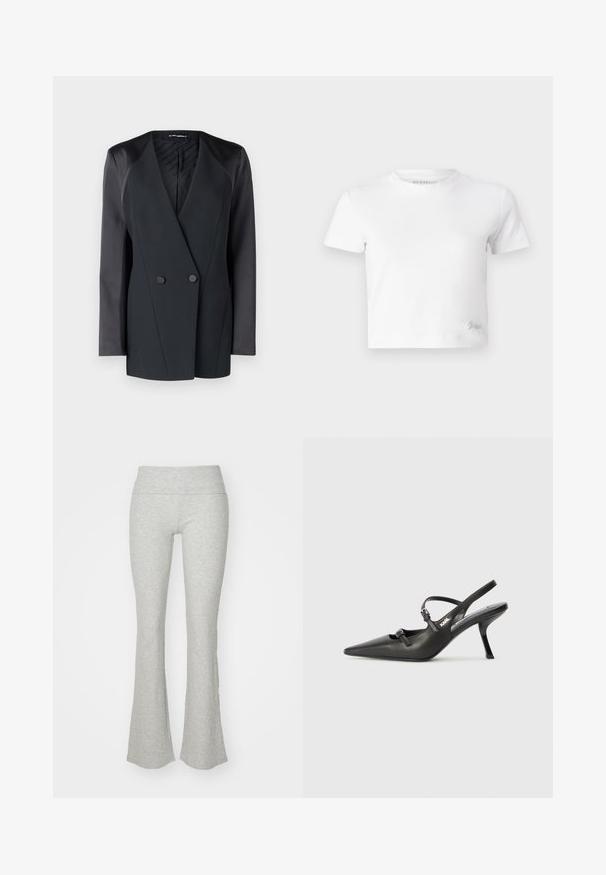 Black double-breasted blazer with a structured silhouette, satin shoulder accents, and a textured inner lining. Smooth fabric with clean lines.; White cropped t-shirt made of smooth cotton, featuring a high neckline and short sleeves. Small embroidered logo in the bottom corner.; Light grey flared leggings made of ribbed fabric with a wide, elastic waistband. Features a fitted design tapering to a flare at the hem.; Black leather slingback heels with a pointed toe, slender heel, and decorative buckle detail on the vamp. Smooth texture and sleek design.