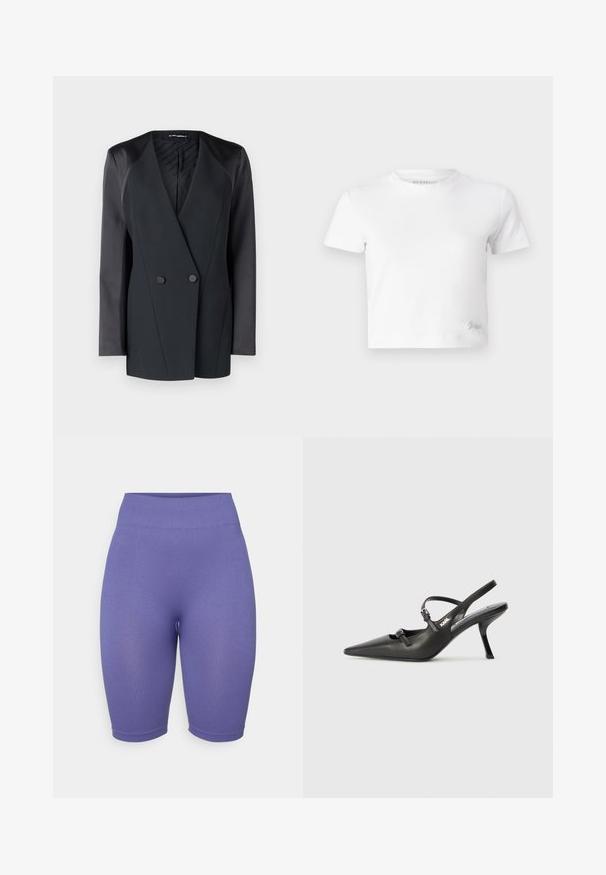 Svart dubbelknäppt blazer med en strukturerad silhuett, satinaxlar och en texturerad innervadding. Slät tyg med rena linjer.; Vit kortärmad t-shirt i mjuk bomull, med hög hals och korta ärmar. Litet broderat logotyp i det nedre hörnet.; Lila högmidjade cykelshorts med ribbat mönster, figursydd design och längd till mitten av låret. Ingen märkbar hårdvara eller mönster.; Svarta läderklackar med slingback, spetsig tå, smal klack och dekorativ spänndetalj på ovansidan. Slät struktur och stilren design.