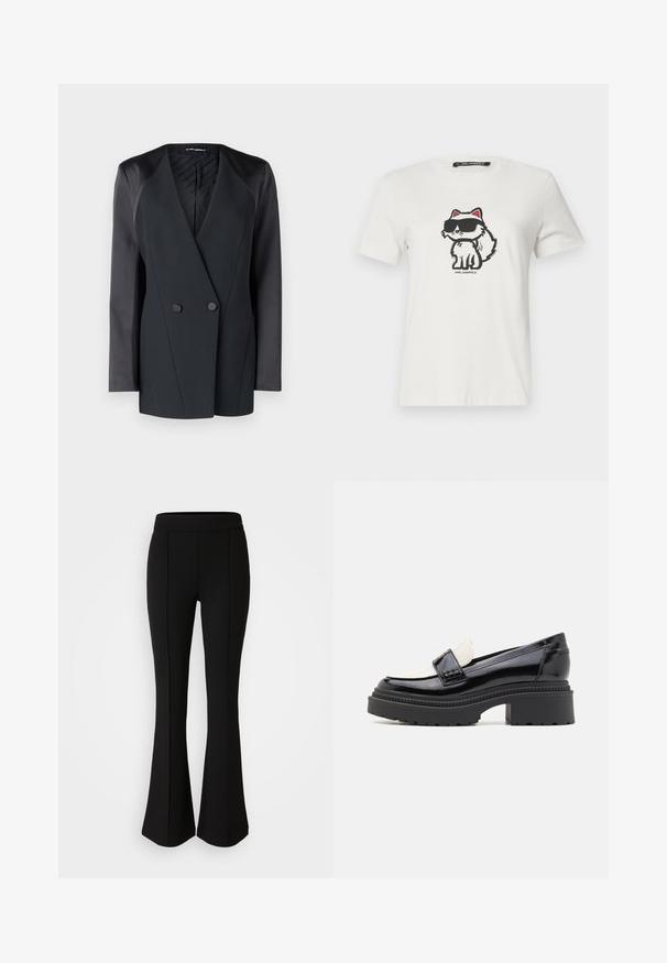 Sacou negru cu două rânduri de nasturi, cu o siluetă structurată, accente de satin la umeri și o căptușeală interioară texturată. Material neted, cu linii clare.; Tricou din bumbac alb, având un pisoi desenat în stil cartoon, cu accente roșii și ochelari de soare negri. Guler rotund și mâneci scurte.; Pantaloni negri evazați, realizați dintr-un material elastic cu o textură netedă, având detalii cusute pe față pentru un plus de design.; Mocasini din piele patent neagră cu un panou din piele albă, talpă chunky din cauciuc negru și toc ușor. Detaliu de cusătură texturată pe partea superioară.