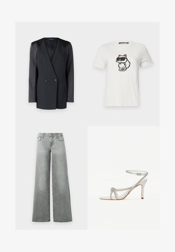 Černý dvouřadý blazer se strukturovaným střihem, saténovými ramenními detaily a texturovanou podšívkou. Hladká látka s čistými liniemi.; Bílý bavlněný tričko s kreslenou kočkou s červenými akcenty a tmavými slunečními brýlemi. Kulatý výstřih a krátké rukávy.; Šedé široké džíny vyrobené z denimu, obsahující pět kapes, s vysokým pasem a mírně vybledlým vzhledem s viditelným švem.; Bílé sandály na vysokém podpatku s texturovaným páskem zdobeným rhinestony, otevřená špička a kotníkový pásek s nastavitelnou sponou.