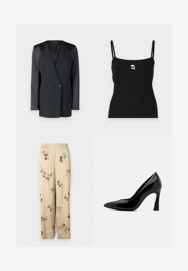 Mustmust valge jope, millel on struktureeritud siluett, satiinist õlavarre aktsendid ja tekstureeritud vooder. Sile kangas, millel on puhtad jooned.; Must mustriba tank top õhukeste rihmadega, mille esiküljel on väike valge graafika tegelasest, kellel on prillid.; Beezid laiad püksid siidiseid materjalist, millel on kuldsed lillemotiiviga sädelemisetailid, elastne vöökoht ja sirged jalad.; Must musta nahk säärise kõrged kontsad, terava nina ja plokkninakuga, millel on logoga detail. Sile, läikiv pinna tekstuur.