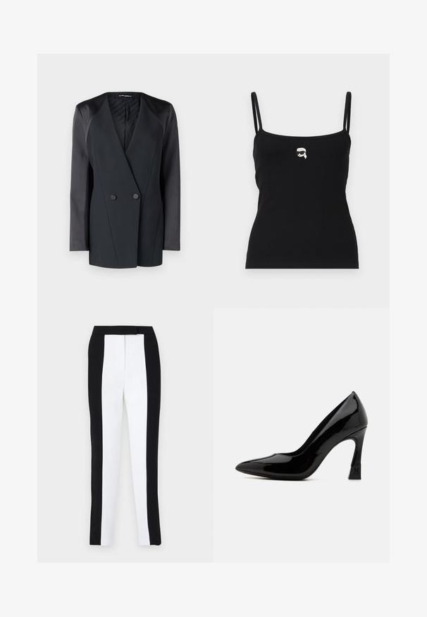 Črni dvoredni blazer s strukturirano silhueto, satenastimi ramenskimi akcenti in teksturirano notranjo podlogo. Gladka tkanina s čistimi linijami.; Črna rebrasta majica brez rokavov z tankimi naramnicami, ki na sprednji strani prikazuje majhno belo grafiko lika v sončnih očalih.; Črne in bele zožene hlače s slim fit krojem ter kontrastnimi paneli. Tkanina ima gladko teksturo; pas je raven in prilegajoč.; Črne lakirane visoke petke z pointed toe in blokasto peto, obogatene z logotipom. Gladka, sijoča površinska tekstura.