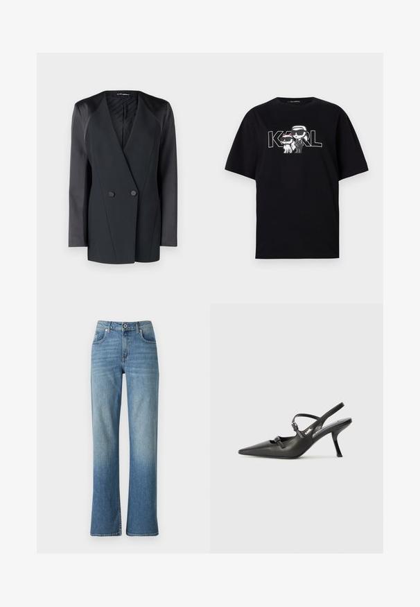 Črni dvoredni blazer s strukturirano silhueto, satenastimi ramenskimi akcenti in teksturirano notranjo podlogo. Gladka tkanina s čistimi linijami.; Črna bombažna majica s grafikonom dveh risanih figur v sončnih očalih, ob spremljavi besedila "KARL" v poglobljenih črkah.; Svijetloplave traperice s ravnim nogavicama, koje imaju pet džepova, kopčanje na gumb i blago izblijeđeni izgled za dojam nošene odjeće.; Črne usnjene sandale na peto s koničastim nosom, vitko peto in okrasno zaponko na sprednjem delu. Gladka tekstura in eleganten dizajn.