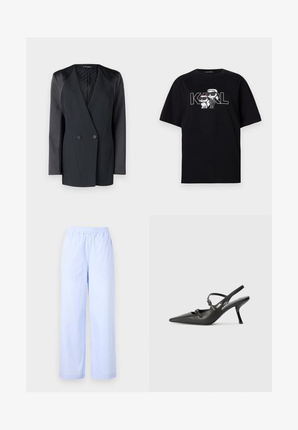 Fekete, dupla soros blézer, strukturált sziluettel, selyem vállrész kiemelésekkel és texturált belső béléssel. Simább anyag, tiszta vonalakkal.; Fekete pamut póló, amelyen két napszemüveges mesefigura grafikai nyomat látható, mellette a "KARL" felirat vastag betűkkel.; Világoskék csíkos nadrág, rugalmas derékkal, széles lábú kivitelben, oldalsó zsebekkel és sima felülettel. Nincs további díszítés.; Fekete bőrszíjjal ellátott magassarkú cipő, hegyes orral, karcsú sarkával és díszes csattal a vamp részén. Simás textúra és elegáns dizájn.