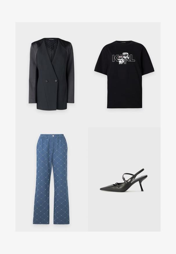 Crni dvostruko kopčani sako sa strukturom, satenskim detaljima na ramenima i teksturiranom unutrašnjosti. Glatka tkanina s urednim linijama.; Crni pamučni majica s grafičkim printom dviju karikatura s naočalama, uz tekst "KARL" ispisan velikim slovima.; Plave hlače s uzorkom koje imaju dijamantni kvadratasti dizajn s malim ukrasnim perlicama, elastičnu traku u struku i kopčanje na gumb.; Crne kožne štikle sa otvorenom petom, s uskim vrhom i dekorativnom kopčom na gornjem dijelu. Glatka tekstura i elegantan dizajn.