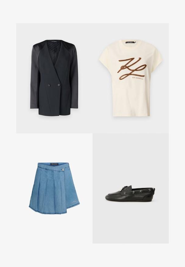 Sacou negru cu două rânduri de nasturi, cu o siluetă structurată, accente de satin la umeri și o căptușeală interioară texturată. Material neted, cu linii clare.; Tricou din bumbac de culoare crem, cu mâneci scurte, având un logo brodat din cărbune și un design cu scris pe față.; Fustă din denim de culoare albastru deschis, cu design plisat, închidere cu buton metalic și detalii brodate pe tiv. Textură netedă și formă în A.; Pantofi de barcă din piele neagră, cu vârf rotund, închidere cu șireturi, cu ochiuri metalice și talpă plată. Au un mic tab de prindere în spate.