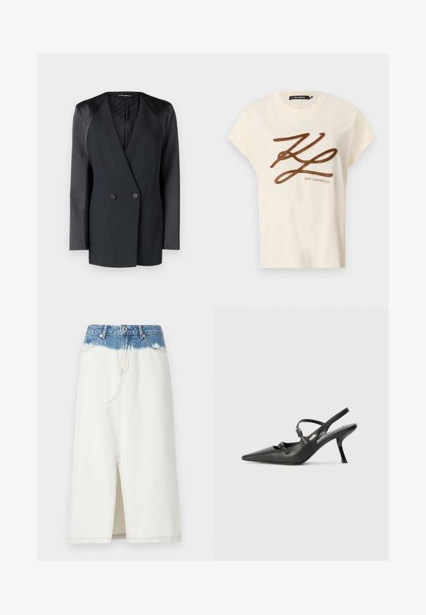 Juodas dublis su dviem mygtukais, turintis struktūrizuotą siluetą, satino peties akcentus ir tekstūruotą vidinį pamušalą. Lygus audinys su tvarkingomis linijomis.; Kreminės spalvos medvilninė marškinė su trumpomis rankovėmis, priekyje papuoštos rudai siuvinėjamu logotipu ir užrašu.; Džinsinė sijonas su baltu medvilniniu korpusu ir mėlynu džinsiniu juosmeniu. Turi priekinę skeltę, kontrastingą siuvimo siūlą ir spalvų gradientą.; Juodi odiniai slingback kulniukai su smailiu pirštu, siauru kulnu ir dekoratyvine sagtimi viršuje. Lygus paviršius ir elegantiškas dizainas.