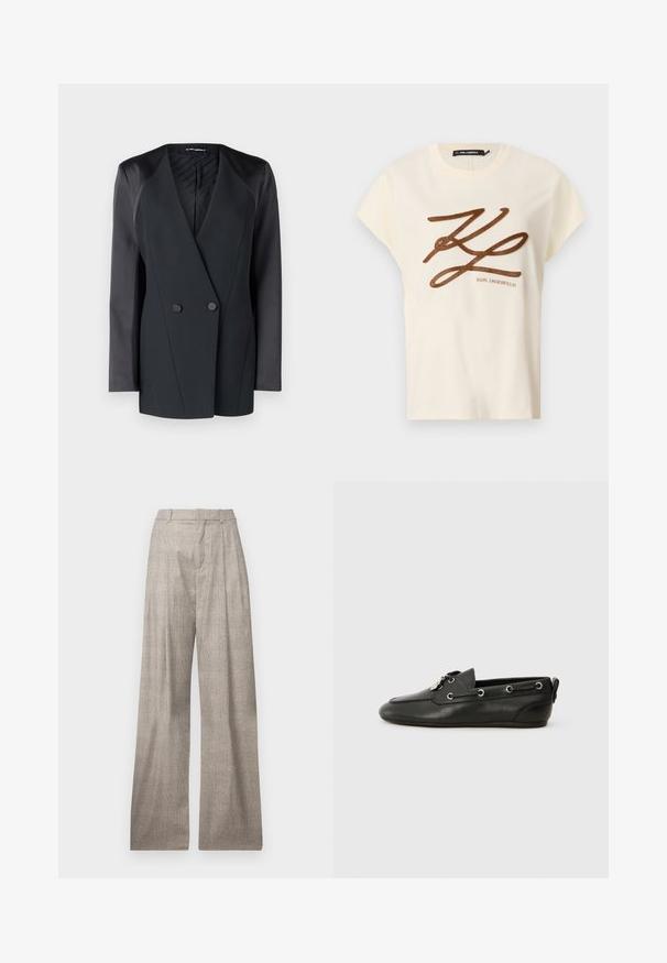 Blazer noir à double boutonnage avec une silhouette structurée, accents satinés aux épaules et doublure intérieure texturée. Tissu lisse aux lignes épurées.; T-shirt en coton couleur crème à manches courtes, avec un logo brodé marron et un design en script à l'avant.; Pantalons larges gris clair avec un subtil motif pied de poule, des plis, des passants de ceinture et une texture lisse.; Chaussures bateau en cuir noir avec bout arrondi, devant à lacets, oeillets en métal et semelle plate. Elles sont dotées d'une petite languette à l'arrière.