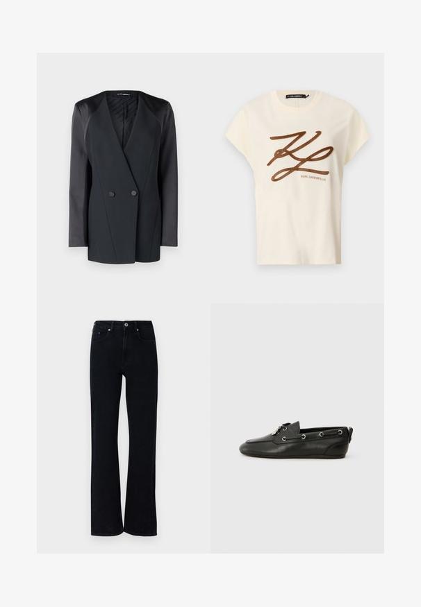 Juodas dublis su dviem mygtukais, turintis struktūrizuotą siluetą, satino peties akcentus ir tekstūruotą vidinį pamušalą. Lygus audinys su tvarkingomis linijomis.; Kreminės spalvos medvilninė marškinė su trumpomis rankovėmis, priekyje papuoštos rudai siuvinėjamu logotipu ir užrašu.; Juodi džinsai su išplatinta kojos forma. Yra dvi priekinės kišenės, mažas mėlynas akcentas ir standartinė mygtukų uždarymo sistema.; Juoda oda laivų avalynė su apvaliu pirštu, raištelių priekiniu užsegimu, metalinėmis skylutėmis ir plokščiu padu. Yra nedidelis užvalkalas gale.