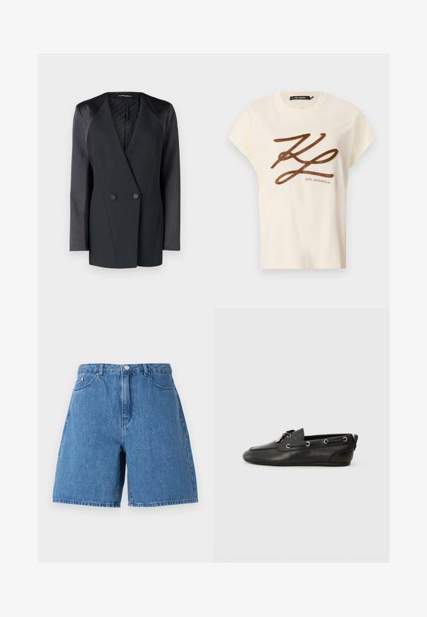 Fekete, dupla soros blézer, strukturált sziluettel, selyem vállrész kiemelésekkel és texturált belső béléssel. Simább anyag, tiszta vonalakkal.; Krém színű pamut póló rövid ujjakkal, melyen elöl egy barna hímzett logó és felirat található.; Középkék farmer sort, magas derékkal, két elülső zsebbel és klasszikus öt zsebes kivitelezéssel, varrási részletekkel.; Fekete bőr csónakcipő lekerekített orral, fűzős kialakítással, fémből készült fűzőlyukakkal és lapos talppal. A hátsó részen egy kis fül található.