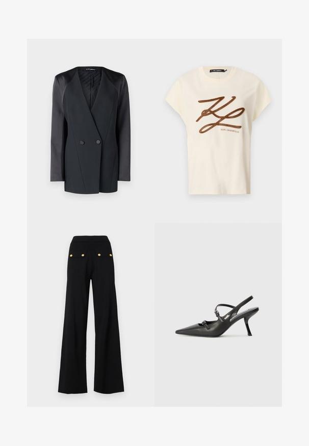 Sort dobbeltradet blazer med en struktureret silhuet, satin skulderdetaljer og en tekstureret indvendig foring. Glat stof med rene linjer.; Kræmfarvet bomulds t-shirt med korte ærmer, der har et brunbroderet logo og skriftdesign på forsiden.; Sorte vide benbukser med en strækbar talje, to baglommer med guldtonet knapper og en glat tekstur.; Sorte læder slingback hæle med spids tå, slank hæl og dekorativ spænde detalje på vampen. Glat tekstur og strømlinet design.