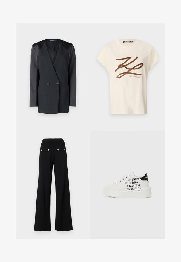 Fekete, dupla soros blézer, strukturált sziluettel, selyem vállrész kiemelésekkel és texturált belső béléssel. Simább anyag, tiszta vonalakkal.; Krém színű pamut póló rövid ujjakkal, melyen elöl egy barna hímzett logó és felirat található.; Fekete, laza lábú nadrág, rugalmas derékrésszel, két hátsó zsebbel aranyszínű gombokkal, sima textúrával.; Fehér platform sportcipők fekete részletekkel, textúrált talppal és kézzel írt szöveggel az oldalakon. Sima bőrből készült.