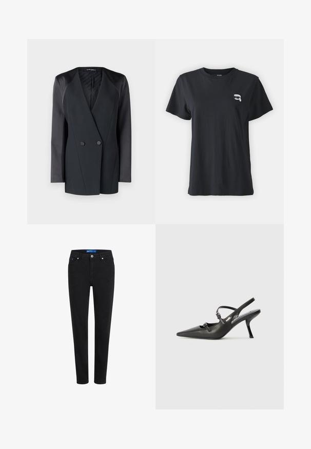Crni dvostruko kopčani sako sa strukturom, satenskim detaljima na ramenima i teksturiranom unutrašnjosti. Glatka tkanina s urednim linijama.; Crna pamučna majica s kratkim rukavima i okruglim izrezom. Ima mali, bijeli grafički detalj na prsima. Glatka tekstura, ležerni kroj.; Crne traperice od denima s uskim fitom, dizajnom pet džepova, patentnim zatvaračem i metalnim dugmetom za zatvaranje. Sadrže suptilno šivanje i srednje visoki struk.; Crne kožne štikle sa otvorenom petom, s uskim vrhom i dekorativnom kopčom na gornjem dijelu. Glatka tekstura i elegantan dizajn.