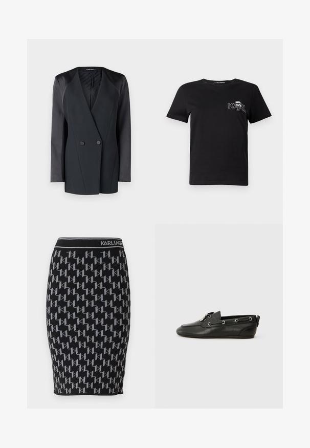 Melns dubultā piegriezuma bleikeris ar strukturētu siluetu, satīna plecu akcentiem un teksturētu iekšējo oderi. Gluda auduma ar tīrām līnijām.; Melnas īsām piedurknēm T-krekls, izgatavots no kokvilnas. Ar baltu grafiku, kurā rakstīts "KARL" un stilizēta figūra uz krūšu daļas. Apaļš kakla izgriezums.; Melnā adīto zīmuļu svārku, kas rotāta ar atkārtotu pelēku "KL" logotipa motīvu un melnu jostu ar zīmola nosaukumu "KARL LAGERFELD".; Melnas ādas laivu kurpes ar noapaļotu purngalu, aukliņu priekšpusi, metāla acīm un platu zoli. Iekļauts neliels cilpiņas aizmugurē.