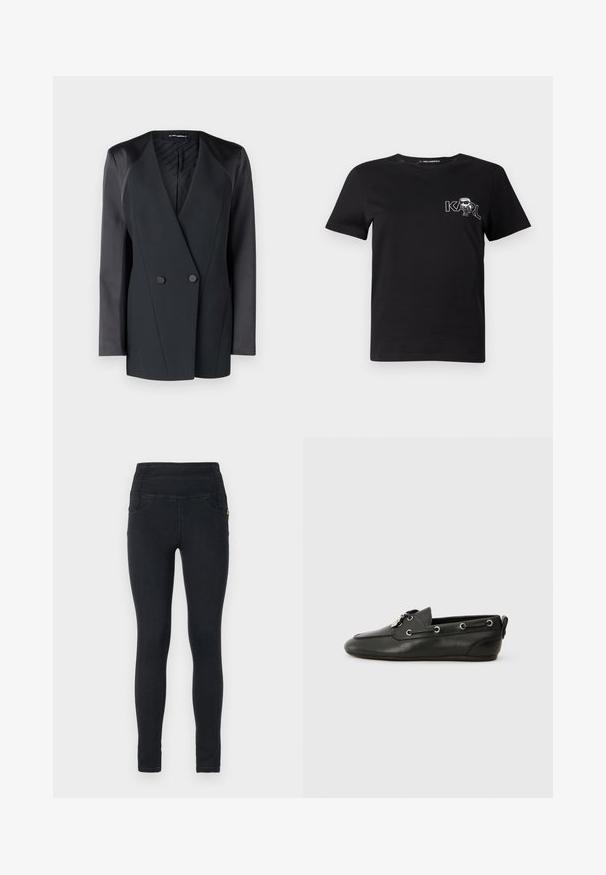 Crni dvostruko kopčani sako sa strukturom, satenskim detaljima na ramenima i teksturiranom unutrašnjosti. Glatka tkanina s urednim linijama.; Crna majica kratkih rukava od pamuka. Ima bijelu grafiku s natpisom "KARL" i stiliziranom figurom na prsima. Okrugli izrez.; Crne traper hlače s visokim strukom, dvije bočne džepove, mekanu teksturu i minimalne šavove. Pogodne za ležerno nošenje.; Crne kožne brodske cipele s zaobljenim vrhom, vezanjem sprijeda, metalnim očicama i ravnim potplatima. Imaju mali ekscentar straga.