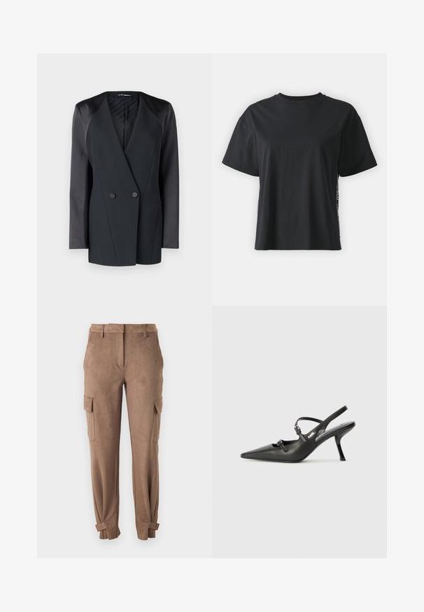 Schwarzer Doppelreiher-Blazer mit strukturierter Silhouette, satinierten Schulterakzenten und einem texturierten Innenfutter. Glattes Gewebe mit klaren Linien.; Schwarzes kurzärmliges Baumwoll-T-Shirt mit lockerer Passform und kontrastierendem Seitenpanel, das kleine Text- und Designdetails aufweist.; Braune Wildleder-Cargo-Hosen mit flacher Vorderseite, Seitentaschen, tapered Knöchelabschlüssen und Metallelementen an den Säumen. Glatte Textur über die gesamte Hose.; Schwarzlederne Slingback-Absätze mit spitzer Zehenform, schlankem Absatz und dekorativem Schnallendetail auf dem Blatt. Glatte Textur und elegantes Design.