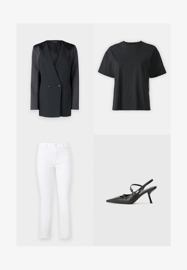 Melns dubultā piegriezuma bleikeris ar strukturētu siluetu, satīna plecu akcentiem un teksturētu iekšējo oderi. Gluda auduma ar tīrām līnijām.; Melna īsām piedurknēm kokvilnas t-kreklu ar brīvu piegriezumu un kontrastējošu sānu paneli, kas satur nelielu tekstu un dizaina detaļas.; Balti džinsi ar taisnu kāju griezumu, ar pogu aizdari, jostu cilpām un piecu kabatu dizainu. Gluda tekstūra bez rakstiem.; Melnas ādas slingback papēži ar norādītu purngalu, izsmalcinātu papēdi un dekoratīvu sprādzi uz priekšpuses. Gluda tekstūra un elegants dizains.