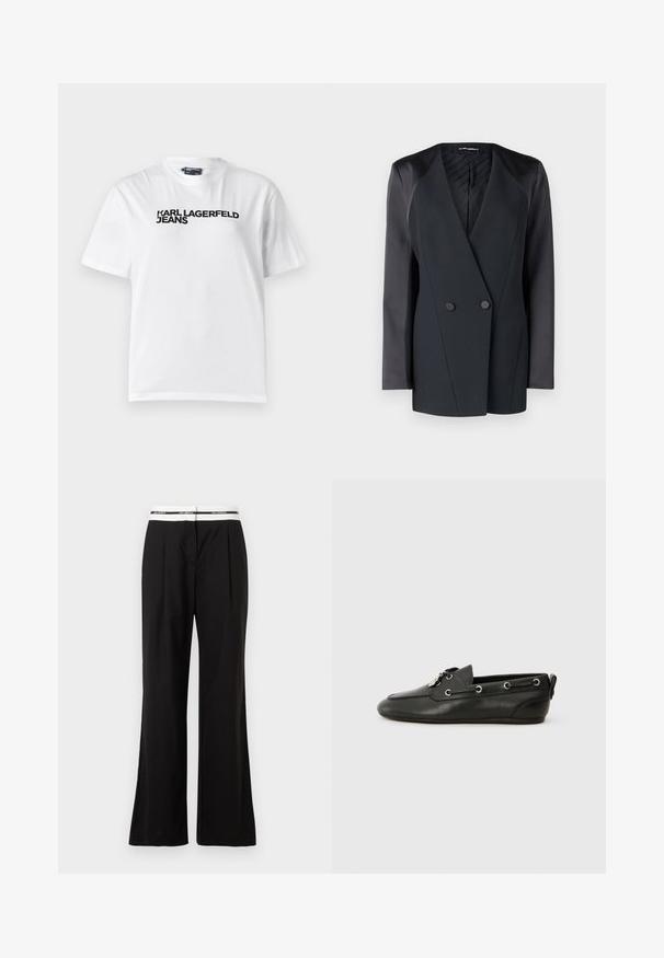 Sacou negru cu două rânduri de nasturi, cu o siluetă structurată, accente de satin la umeri și o căptușeală interioară texturată. Material neted, cu linii clare.; Tricou alb din bumbac, cu guler rotund, mâneci scurte și text imprimat negru care spune "KARL LAGERFELD JEANS" pe piept.; Pantaloni negri cu o croială lejeră, având o brățară elastică albă cu branding. Realizați dintr-un material neted cu un Luciu ușor.; Pantofi de barcă din piele neagră, cu vârf rotund, închidere cu șireturi, cu ochiuri metalice și talpă plată. Au un mic tab de prindere în spate.