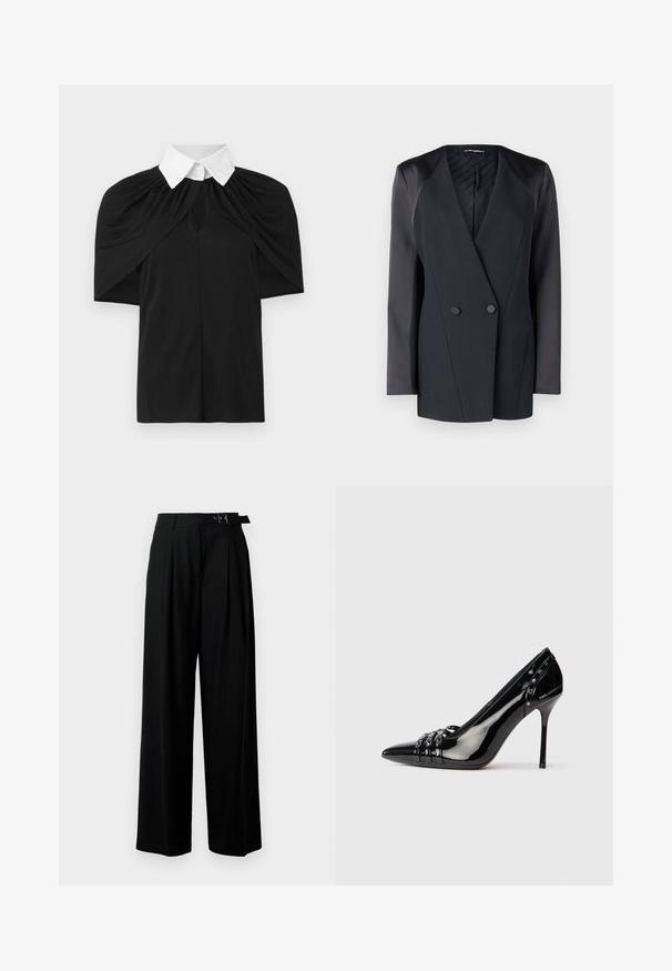Zwarte dubbelbreasted blazer met een gestructureerd silhouet, satijnen schouderaccenten en een textuurrijke voering. Glad stof met strakke lijnen.; Zwarte shirt met een witte kraag, voorzien van een gedrapeerd ontwerp, korte mouwen en een keyhole uitsnijding aan de voorkant. Gladde textuur, casual pasvorm.; Zwarte wijde broek met hoge taille, plooien aan de voorkant en een riem met een gesp. Gemaakt van glad, lichtgewicht stof.; Zwarte lakleren stilettohak met spitse neus, drie decoratieve banden met studs en "Karl Lagerfeld" branding op de hak.