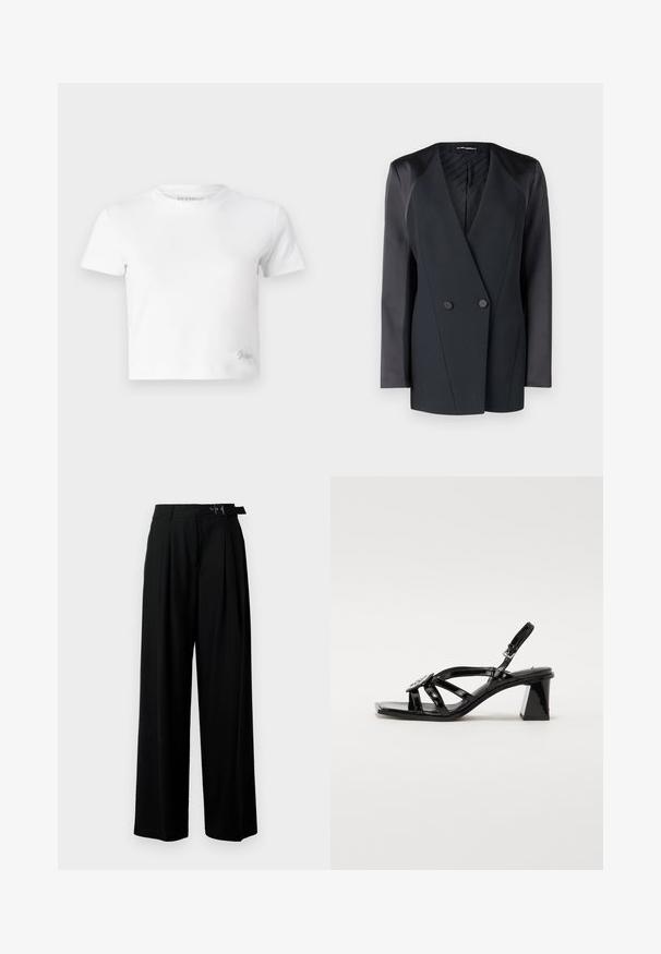 Svart dubbelknäppt blazer med en strukturerad silhuett, satinaxlar och en texturerad innervadding. Slät tyg med rena linjer.; Vit kortärmad t-shirt i mjuk bomull, med hög hals och korta ärmar. Litet broderat logotyp i det nedre hörnet.; Svarta byxor med vida ben och hög midja, med veck framtill och ett bälte med spänne. Tillverkade av ett mjukt, lätt tyg.; Svarta lackläder högklackade sandaler med öppen tå, breda remmar, justerbart spänne och en geometrisk blockklack.