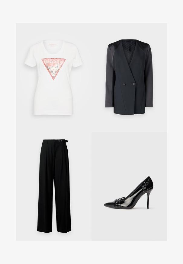 Black double-breasted blazer with a structured silhouette, satin shoulder accents, and a textured inner lining. Smooth fabric with clean lines.; White short-sleeve t-shirt featuring a light pink triangular graphic with the word "GUESS" and floral designs. Round neckline. Soft fabric.; Black wide-leg trousers with a high waist, pleats at the front, and a belt featuring a buckle. Made from smooth, lightweight fabric.; Black patent leather stiletto heel shoe with pointed toe, three decorative straps with studs, and "Karl Lagerfeld" branding on heel.