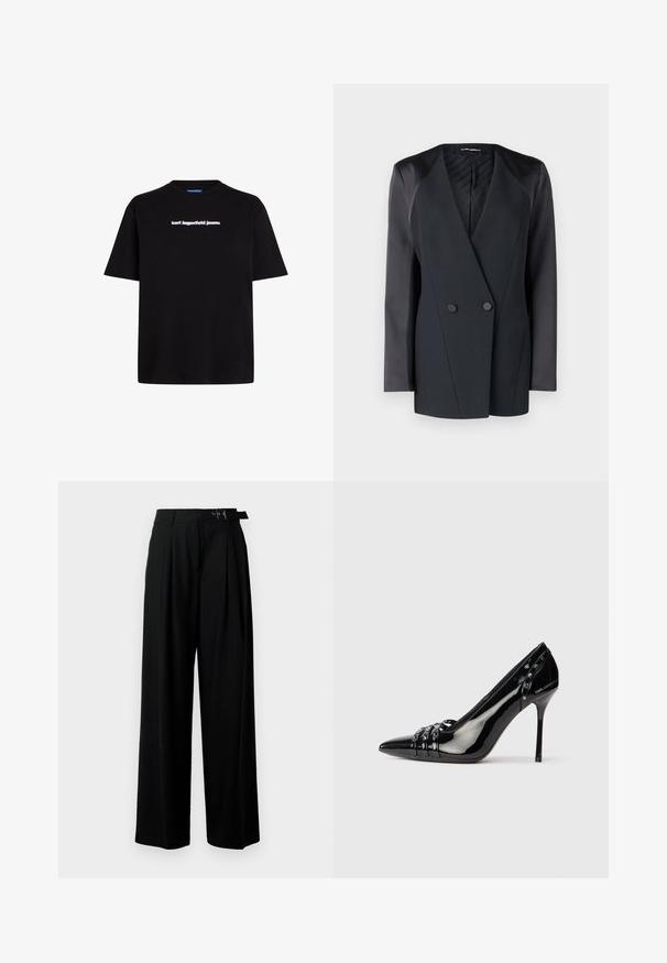 Mustmust valge jope, millel on struktureeritud siluett, satiinist õlavarre aktsendid ja tekstureeritud vooder. Sile kangas, millel on puhtad jooned.; Must mustriga T-särk mustast puuvillast, lühikeste varrukatega, esiosas on valge teksti logo "karl lagerfeld jeans". Ümmargune kaelus.; Mustad kõrge vöökohaga mustad laiad püksid, millel on ees voldid ja vöö, millel on pandla. Valmistatud siledast ja kergest kangast.; Mustan patendiga kõrge kontsaga king, terava varbaga, kolme dekoratiivse rihma ja naeltega ning "Karl Lagerfeld" brändimisega kontsal.