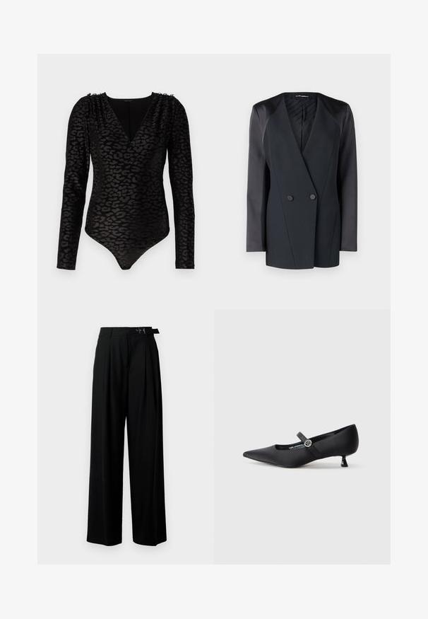 Black double-breasted blazer with a structured silhouette, satin shoulder accents, and a textured inner lining. Smooth fabric with clean lines.; Black long-sleeve bodysuit with leopard print pattern, deep V-neck, and decorative button accents on the shoulders. Soft, textured material.; Black wide-leg trousers with a high waist, pleats at the front, and a belt featuring a buckle. Made from smooth, lightweight fabric.; Black satin pointed-toe pump with a low kitten heel and side strap featuring a circular silver accent. Smooth texture, sleek design.