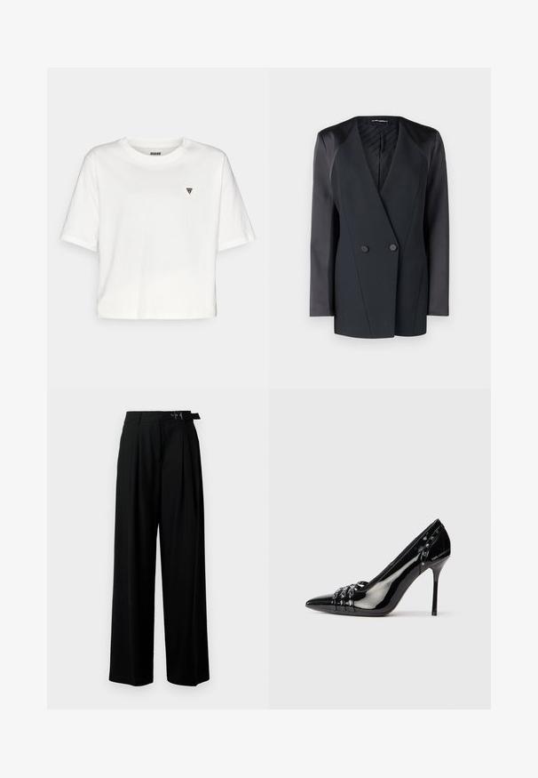 Black double-breasted blazer with a structured silhouette, satin shoulder accents, and a textured inner lining. Smooth fabric with clean lines.; Guess COLETTE BOXY - Basic T-shirt - snow cap; Black wide-leg trousers with a high waist, pleats at the front, and a belt featuring a buckle. Made from smooth, lightweight fabric.; Black patent leather stiletto heel shoe with pointed toe, three decorative straps with studs, and "Karl Lagerfeld" branding on heel.