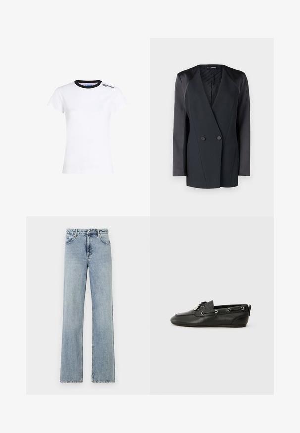 Black double-breasted blazer with a structured silhouette, satin shoulder accents, and a textured inner lining. Smooth fabric with clean lines.; White cotton t-shirt with short sleeves, black ribbed collar, and black text logo on the left shoulder. Classic fit, smooth texture.; Light blue, wide-leg jeans made of denim. Features a button and zip closure, front pockets, and subtle fading. Clean hems.; Black leather boat shoes with rounded toe, lace-up front, metal eyelets, and a flat sole. Features a small tab at the back.