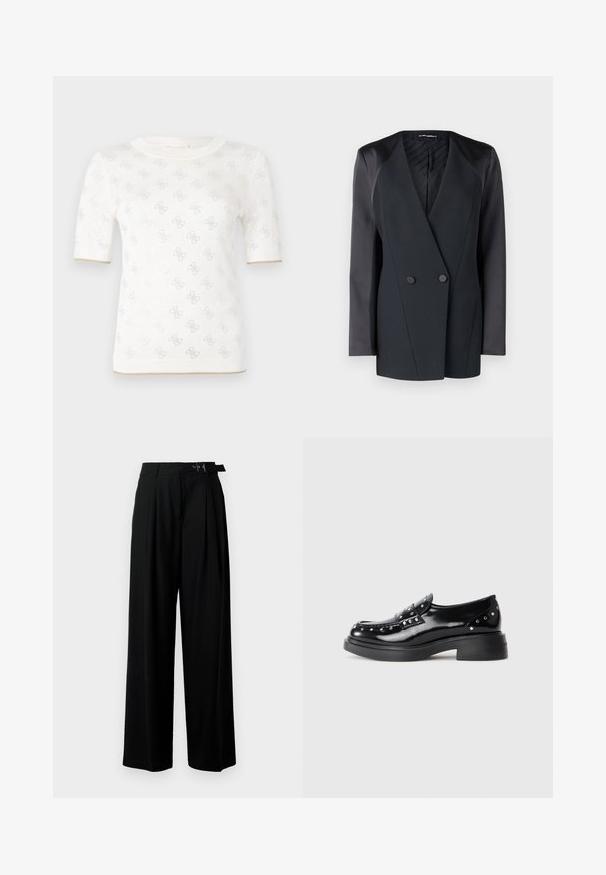 Blazer duplo em preto com uma silhueta estruturada, detalhes em cetim nos ombros e um forro texturizado. Tecido suave com linhas limpas.; T-shirt de malha branca de mangas curtas com padrão subtil, apresentando um decote redondo e um detalhe em dourado na bainha. A textura parece leve e respirável.; Calças largas pretas de cintura alta, com pregas à frente e um cinto com fivela. Feitas de um tecido liso e leve.; Mocassins pretos de couro envernizado com tachas decorativas prateadas, bico redondo, salto baixo e textura suave e brilhante.