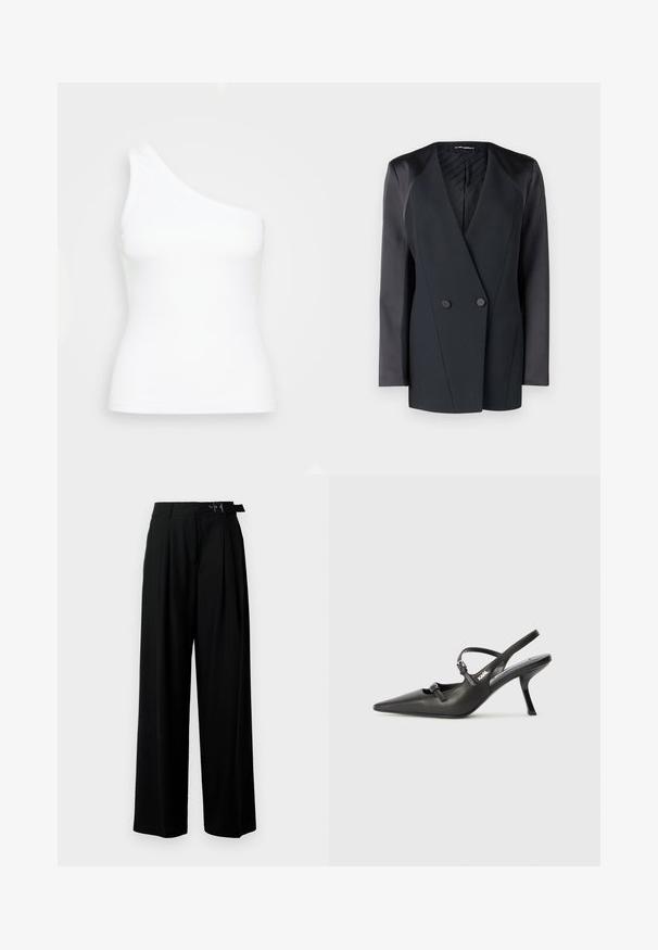 Sort dobbeltradet blazer med en struktureret silhuet, satin skulderdetaljer og en tekstureret indvendig foring. Glat stof med rene linjer.; Hvid top med en skulder lavet af ribbet stof. Har en tætsiddende form og glat tekstur med et rent, minimalistisk design.; Sort vide-bein bukser med høj talje, læg foran og et bælte med spænde. Fremstillet af glat, let materiale.; Sorte læder slingback hæle med spids tå, slank hæl og dekorativ spænde detalje på vampen. Glat tekstur og strømlinet design.