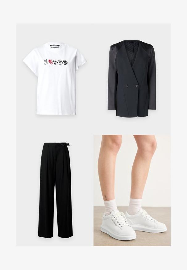 Juodas dublis su dviem mygtukais, turintis struktūrizuotą siluetą, satino peties akcentus ir tekstūruotą vidinį pamušalą. Lygus audinys su tvarkingomis linijomis.; Balta medvilnės marškinėliai su trumpomis rankovėmis, ant priekinės pusės puikuojantys juodais ir raudonais gyvūnų grafikais, įskaitant įvairius stilizuotus padarus.; Juodos plačios kojų kelnės su aukštu liemeniu, priekinėmis klostėmis ir diržu su sagtimi. Pagamintos iš lygaus, lengvo audinio.; Balti odiniai sportbačiai su lygiu paviršiumi, apvaliu pirštu ir plokščiu guma sukurti padu. Raišteliai matomi, o kojinių kraštai yra balti.